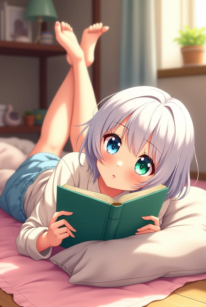 anime style, young adult woman, with one blue eye and one green eye, short white hair.
The woman is lying on the floor looking up. , with the head resting on a pillow.
Her legs are raised and resting on the wall., creating a right angle with your body.
He is holding a book with both hands, which is reading in a relaxed manner.
View from its side.