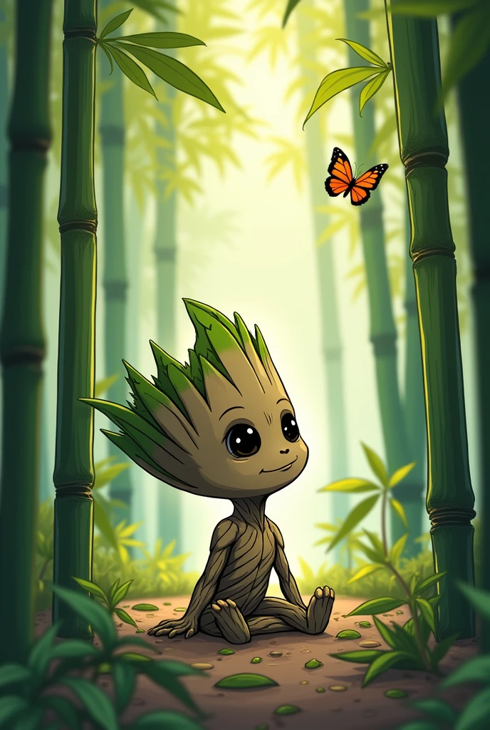 Today's challenge theme:Baby Groot relaxing in a cool and peaceful Bamboo Forest, Manga art style