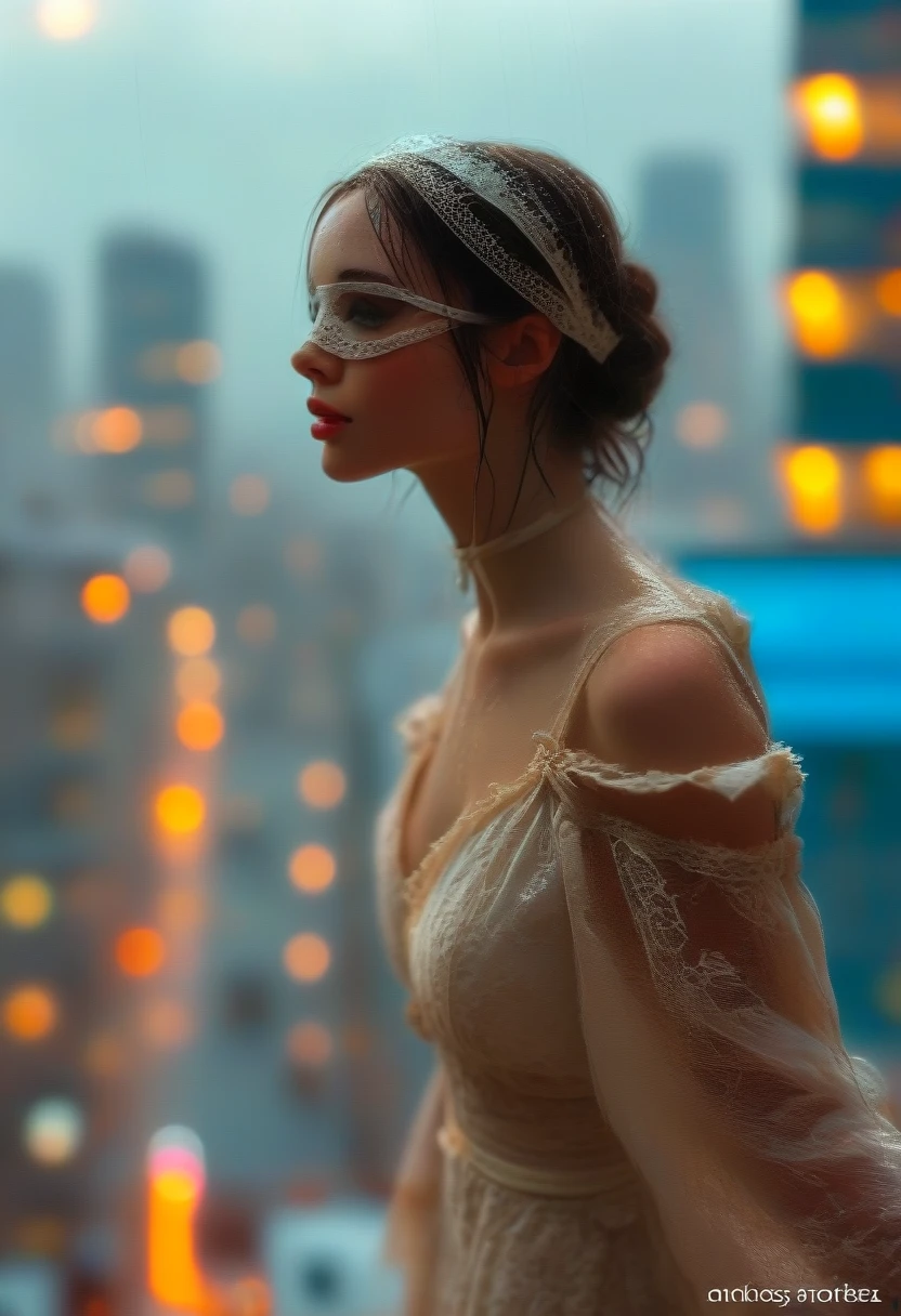 Close-up of a woman in a silk blindfold standing on the edge of the roof of a high-rise building, inspired by Ross Tran, fantasy, drama, rose in hand in front of her, lace light dress, streets in lights of the city below her, drizzling rain about to fall so close to the edge, artist Andreas Rocha, Peter Morbacher'', beautiful night --ar 3:4