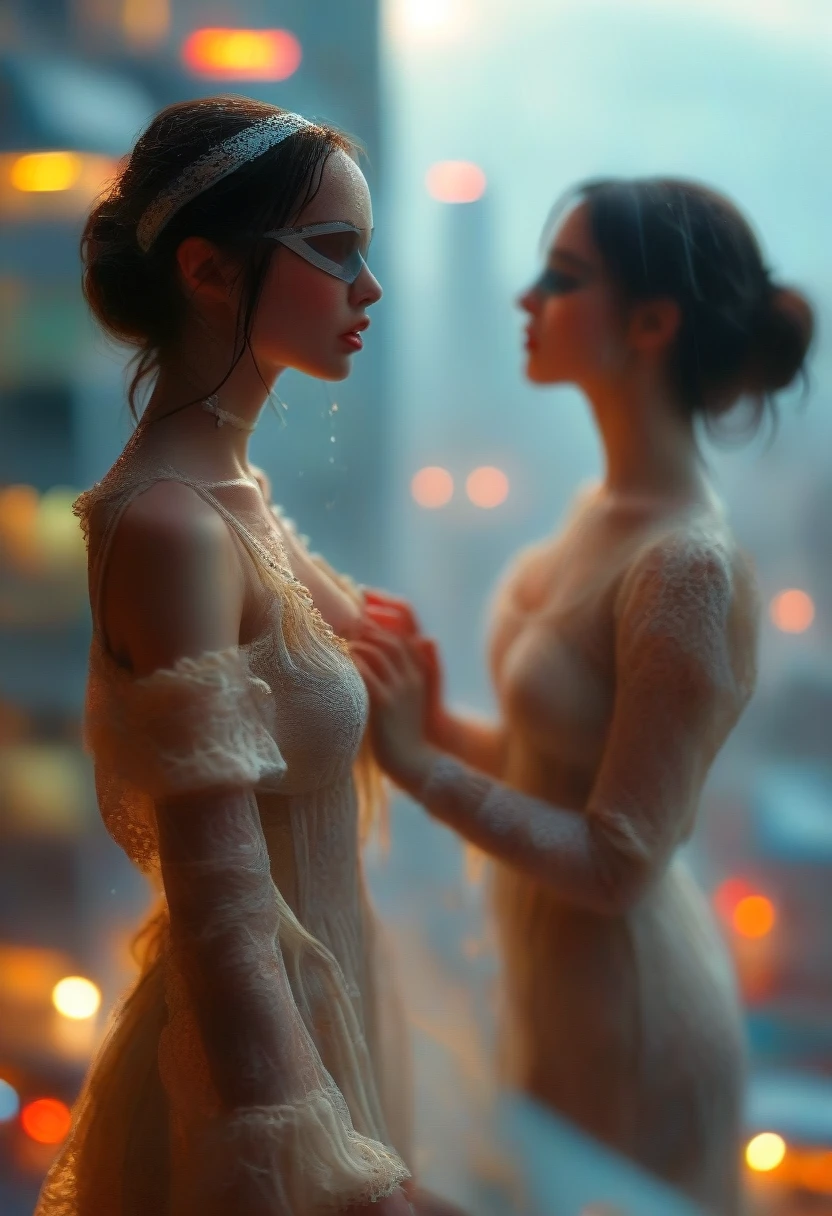 Close-up of a woman in a silk blindfold standing on the edge of the roof of a high-rise building, inspired by Ross Tran, fantasy, drama, rose in hand in front of her, lace light dress, streets in lights of the city below her, drizzling rain about to fall so close to the edge, artist Andreas Rocha, Peter Morbacher'', beautiful night --ar 3:4