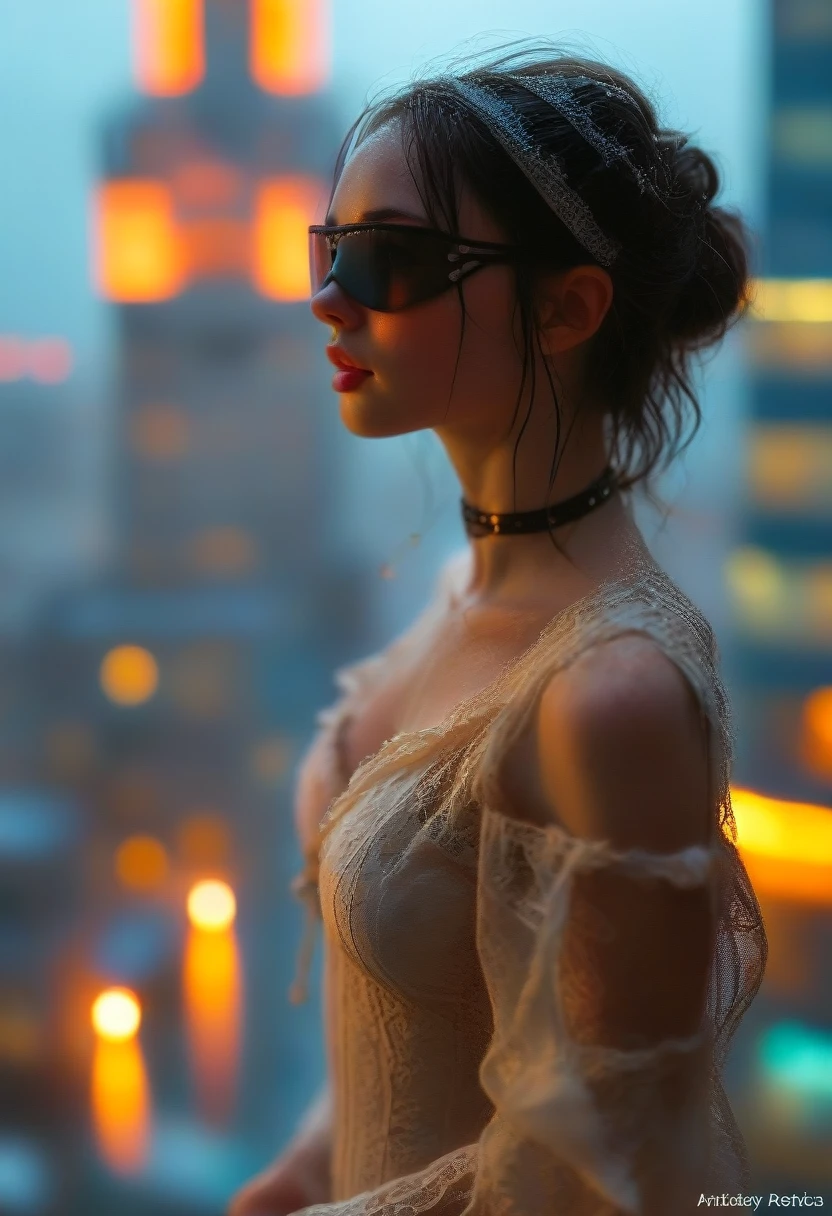 Close-up of a woman in a silk blindfold standing on the edge of the roof of a high-rise building, inspired by Ross Tran, fantasy, drama, rose in hand in front of her, lace light dress, streets in lights of the city below her, drizzling rain about to fall so close to the edge, artist Andreas Rocha, Peter Morbacher'', beautiful night --ar 3:4