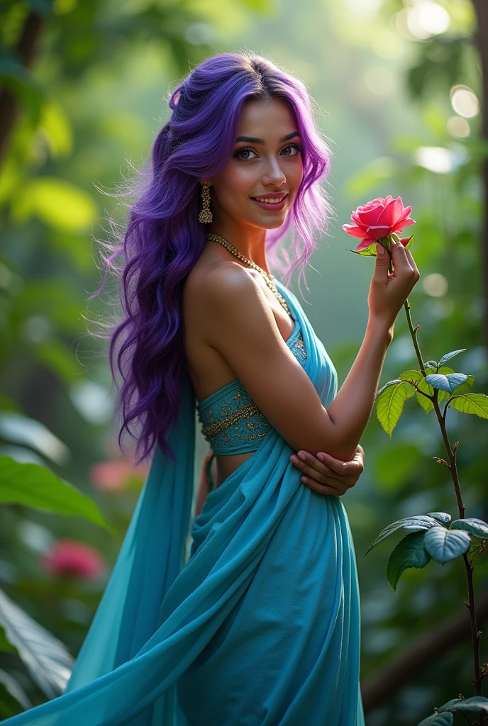 A beautiful girl, with beautiful smile,with sky blue sari, with long state purple eyes, with purple hair, with turning,a rose in his hand, in a jungle. 