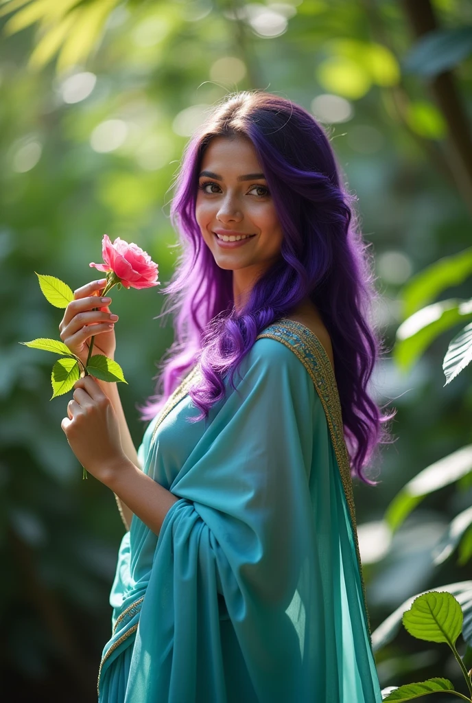 A beautiful girl, with beautiful smile,with sky blue sari, with long state purple eyes, with purple hair, with turning,a rose in his hand, in a jungle.