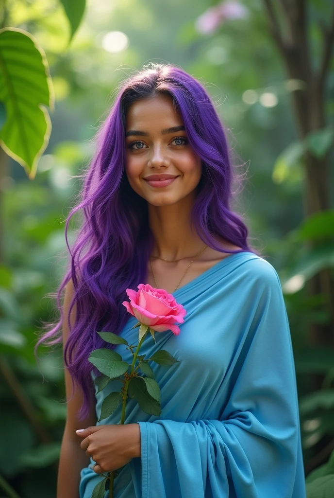 A beautiful girl, with beautiful smile,with sky blue sari, with long state purple eyes, with purple hair, with turning,a rose in his hand, in a jungle.