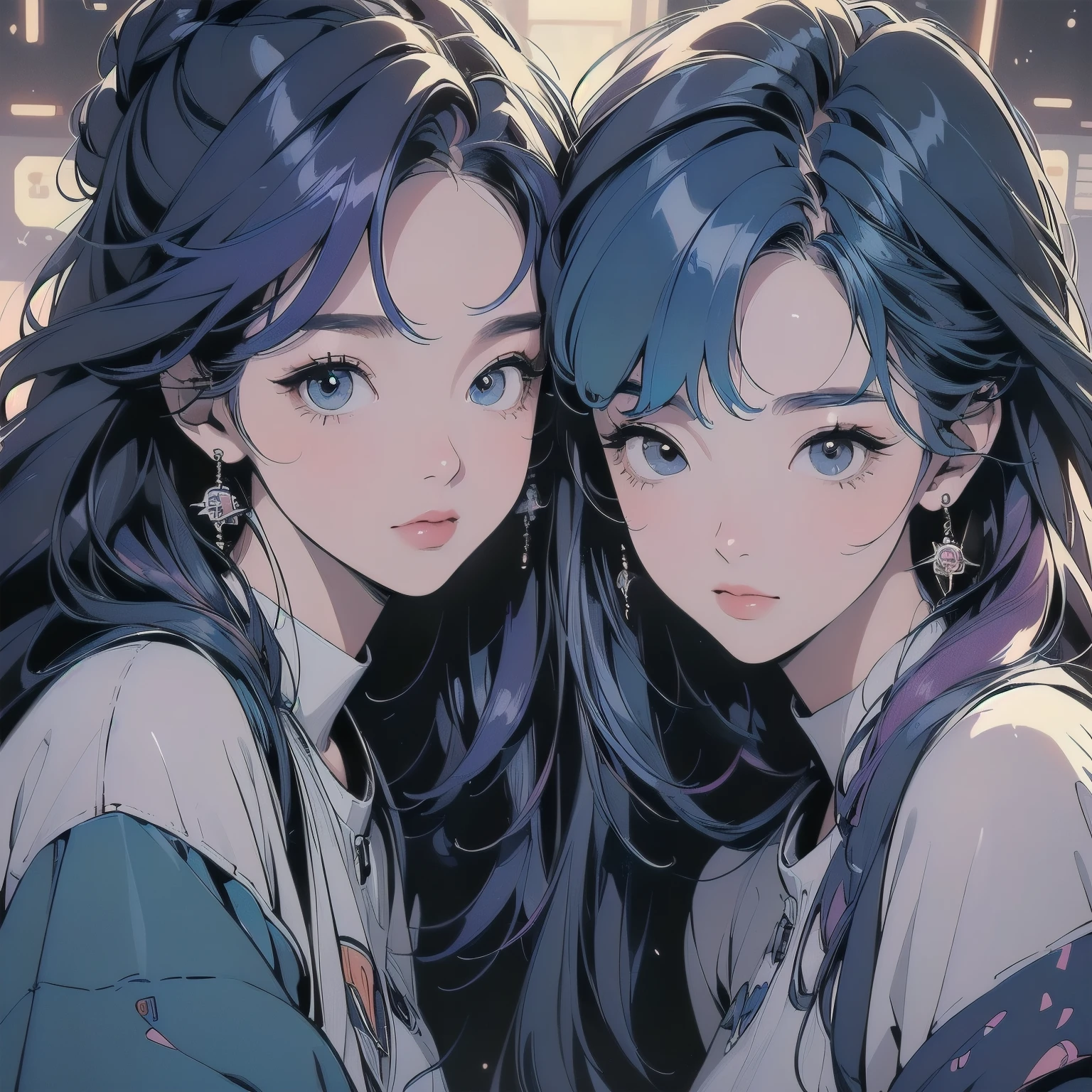((((beautiful "Two Women" leaning against each other))), (((Spaceship))), (((A perfect machine))), Perfect Face, (((no gravity))), space, Lots of wires, switchboard, Perfect and elaborate machinery, Detailed Hair, (((Different angles))), 最もbeautiful女性, (((head shot))) Highly detailed background, Highest quality, A variety of unique hairstyles, Trigun, The background is space, 個性的でPerfect Face, Faint lighting, (((Leaning close like lovers)))、((((Colorful hair colors))))