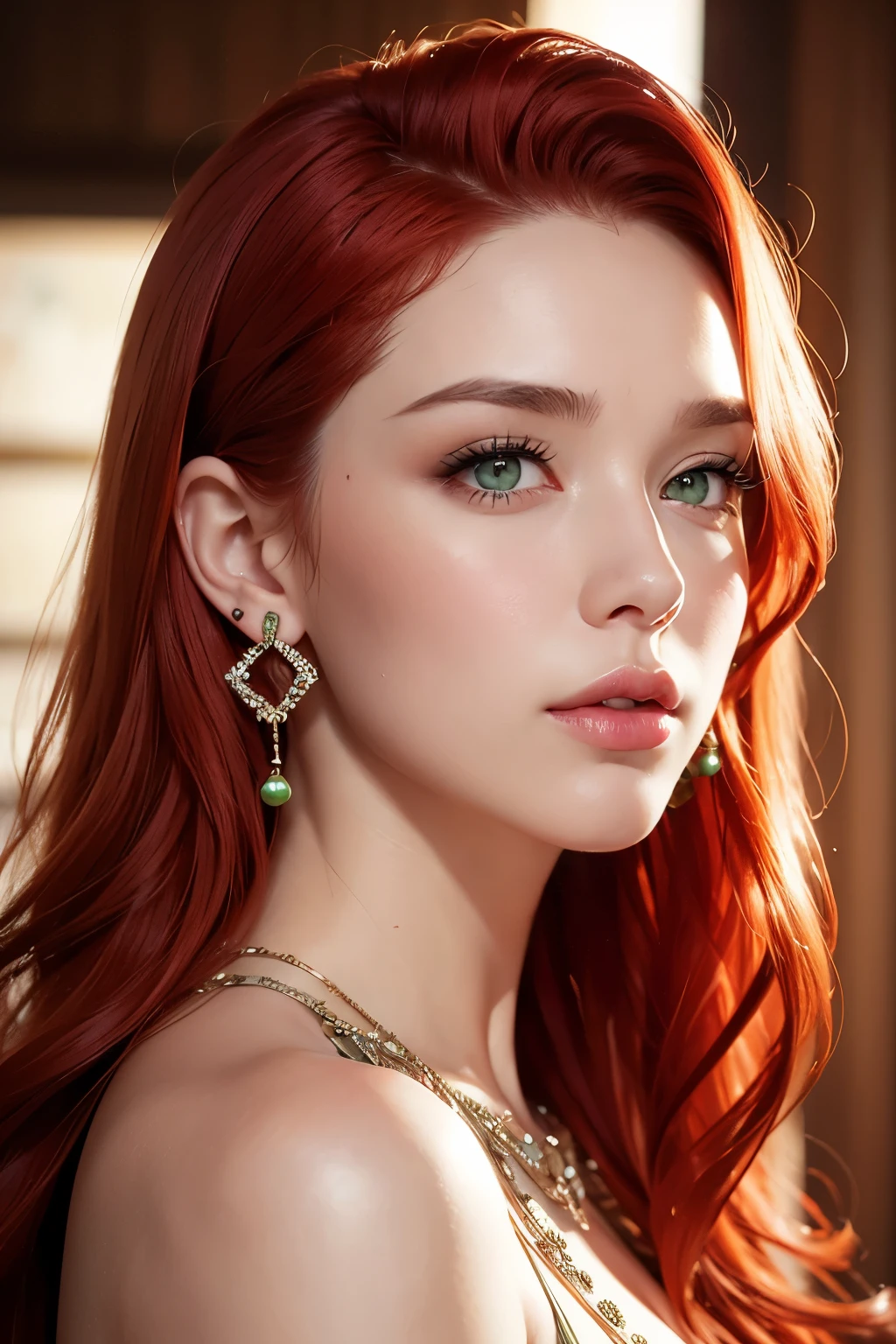 The face of a young woman, green eyes, red curls, nose piercing, ear rings, full lips, index finger in front of the lips, Head on the side, detailed face, realisti, Detailed Lips, busty, Finger in face