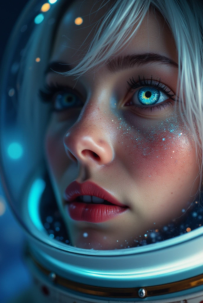 (Close-up of a better masterpiece:1.5)0.9], (Space and astronauts:1.2) (Messy silver hair:1.1) (Heterochromia xanthochromia and blue eyes:1.2) (Space Helmet:1.0) (Colored stars in the eyes:1.0) (A radiant glow:1.1) (thick lips:0.9)