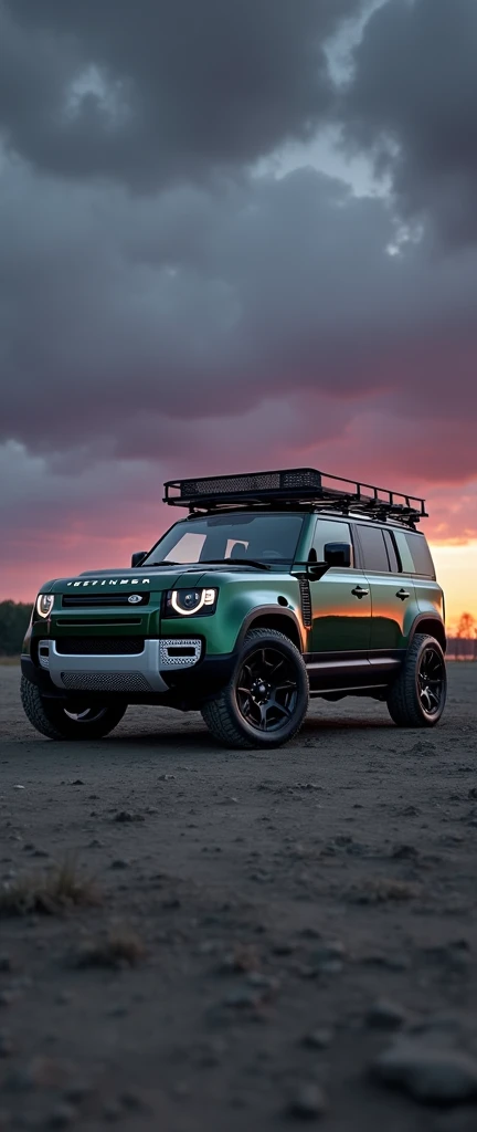 Ah ultra hd wide long straight photography of Brand new (premium (luxury )land rover defender 110 model 2024) 5 door defender in dark greenish colour with (luxury glazy shining body painting) and side mounted ladder. (Luxury big Diamond cut alloy wheels) are turned and body lowered vehicle). Sharp head lamps. Dark violet sky and dark grey soil and background filled with dark trees. No roof rack