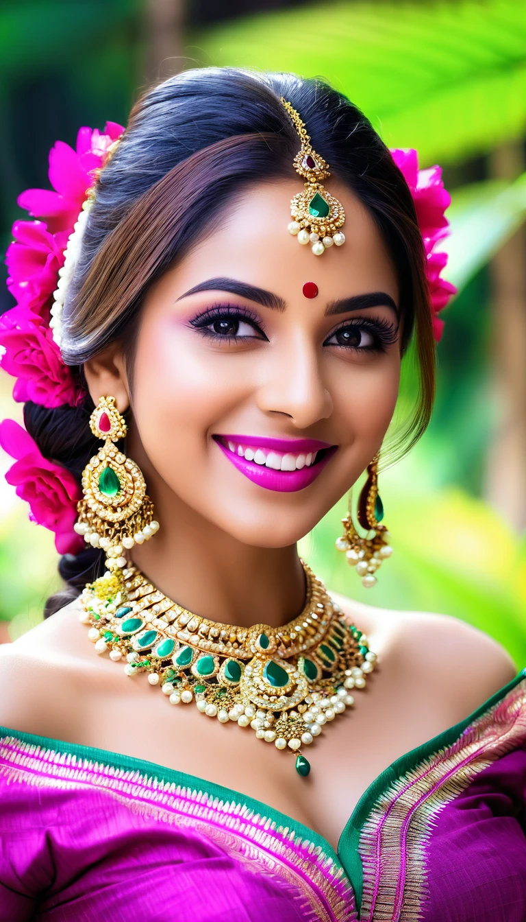 1girl, detailed face, beautiful detailed eyes, beautiful detailed lips, extremely detailed eyes and face, long eyelashes, smiling, magenta off-shoulder frock, indian, intricate patterns, ornate jewelry, dynamic pose, lush garden background, natural lighting, vibrant colors, photorealistic, 8k, ultra-detailed, highly detailed, masterpiece, best quality