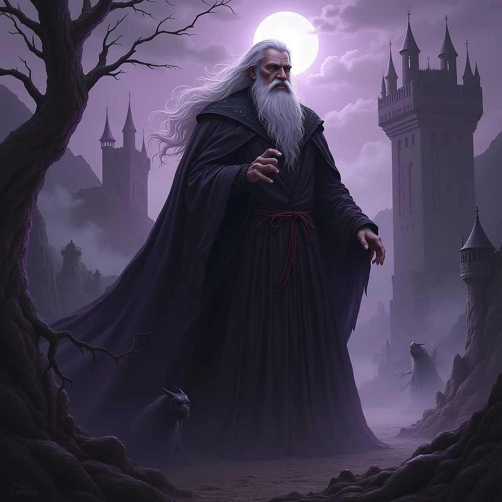 Create a dark fantasy artwork inspired by the style of Luis Royo. The scene should be eerie and evocative, with a mystical and melancholic atmosphere. Include a powerful central figure, such as a old male vampire with long hair and long beard, set against a detailed gothic backdrop with elements of fantasy like supernatural creatures, ancient castles, and desolate landscapes. Use a palette of dark and deep colors, and emphasize texture and dramatic lighting to capture the essence of Royo's style.