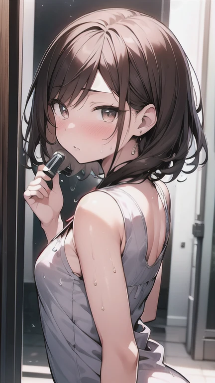 Let's think step by step,Highest quality, masterpiece, Ultra-high resolution, 8k,Show anime style ,Soft Line Art, Digital Enhancement, shojo anime touch, shojo manga core, Flowing fabric, close, Soft Drawing, Ultra-Definition Digital Anime Art, Clear facial depiction, Super detailed girl cartoon character art, Ultra-detailed manga style, Highest qualityの色,
1People Women,(A woman with short brown hair), Wet Hair,Beautiful brown hair, Clear brown eyes, Slightly chubby,Small breasts,The butt is small,Summer clothes,Upper body Focus,In town,Being outside,Midsummer,Shower,lightning,Surprised by an incredibly loud sound,scared,Plug your ears