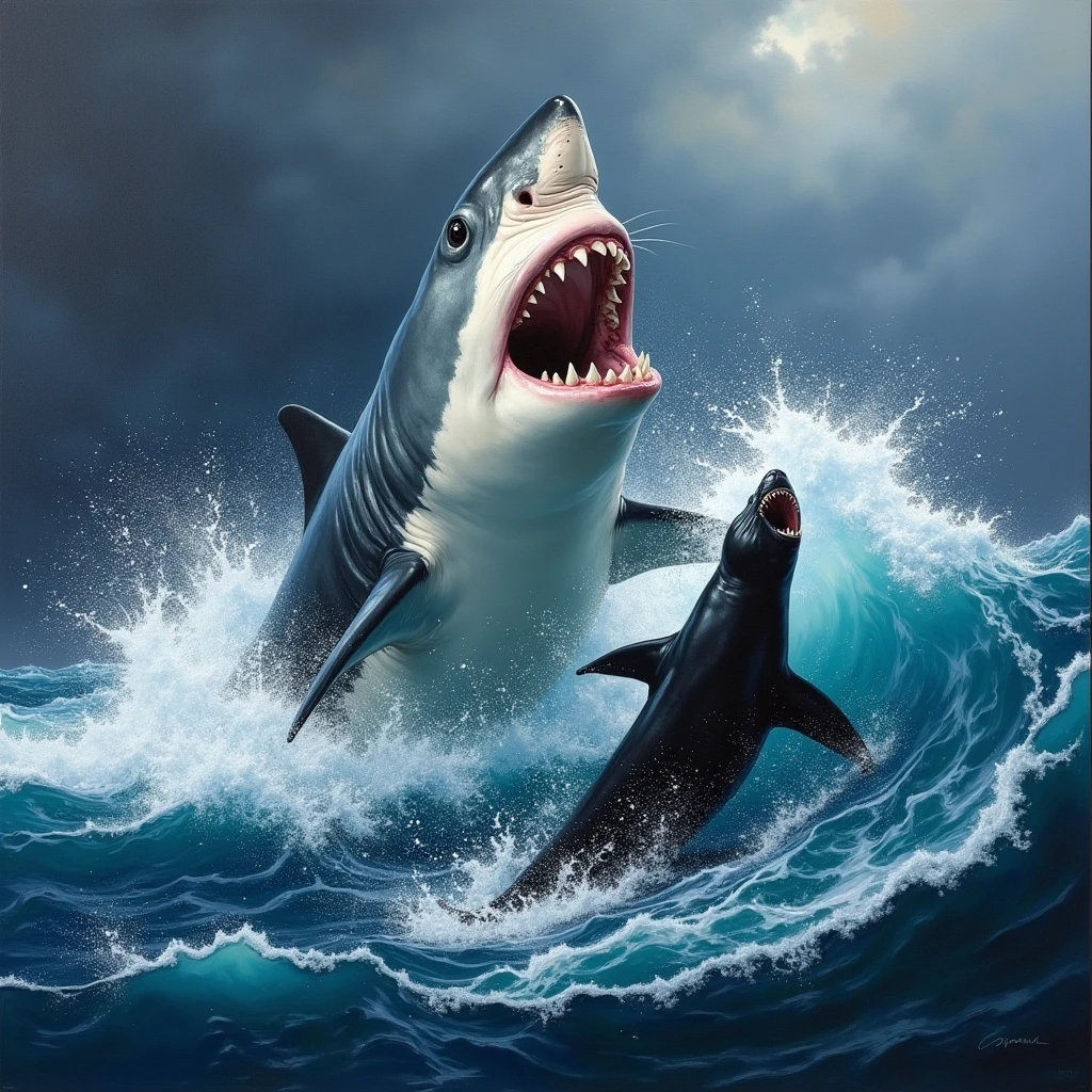 A wild, untamed scene of a great white shark breaching the ocean’s surface, oil painting. The massive predator lunges out of the water with jaws wide open, capturing a terrified seal mid-air. The turbulent water churns with foam and spray as the shark’s powerful body crashes back down. The sky is dark and stormy, adding to the sense of danger and unpredictability. The painting captures the ruthless efficiency and raw power of the apex predator, with dramatic, sweeping brushstrokes that highlight the chaos and violence of the attack. (ultra detailed, 8K, oil painting, wild ocean predator, brutal nature)