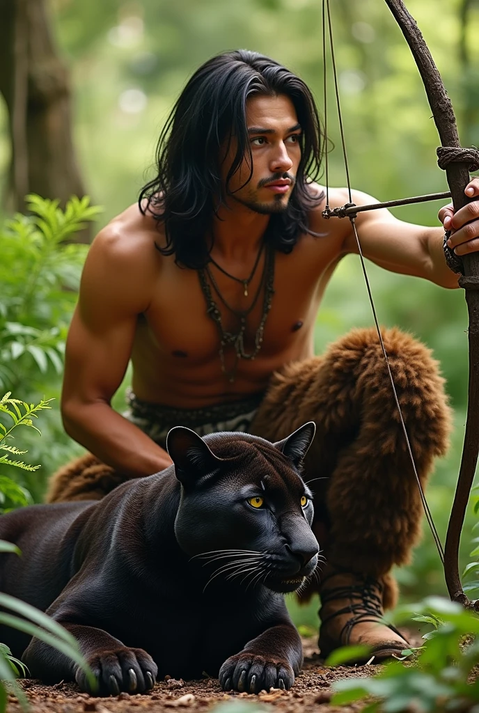 A handsome guy with tanned skin with a golden hue and masculine features of a young man. He has black hair that reaches below his waist and panther ears.. He has a bare torso, wearing full-length brown fur trousers and hoof-like shoes.. He has a red heart pendant.. He squats in a thicket of ferns and shoots a bow.. A kind, beautiful panther lies beside him..