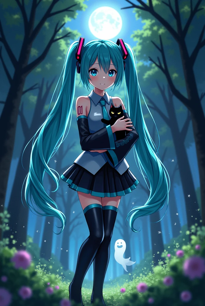 Anime art, anime style, detailed drawing, beautiful forest background background, high definition, high quality, one girl, solo, Hatsune Miku, aqua hair, twin tails, headphones, number tattoo "01" (red, located on her right hand), grey sleeveless collared shirt, black detached sleeves with aqua lines, five fingers with aqua nails, aqua necktie, black pleated mini skirt with aqua lines, zettai ryouiki, thigh-high black boots with aqua lines.

Get example from this image: https://vocaloidespanol.fandom.com/es/wiki/Hatsune_Miku?file=Hatsune_Miku.png

Miku Hatsune hugging a black cat in the night; there is ghost following her behind