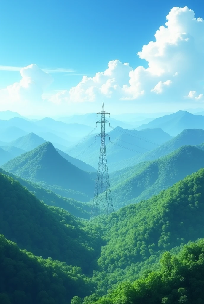 a beautiful view of green mountains with a transmission tower in the background