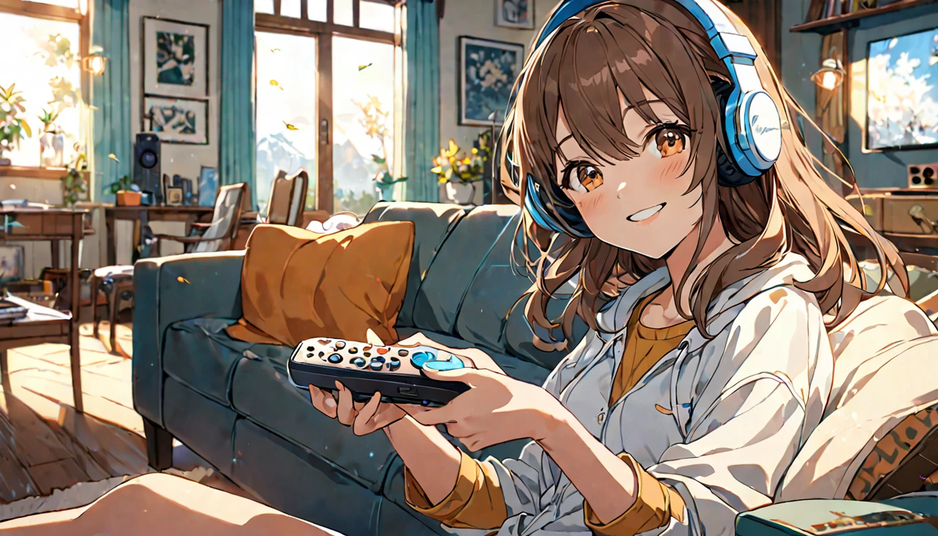 (Brown haired woman wearing headphones), (Relax in the living room listening to background music), (Very detailed, masterpiece, Highest quality, bright), (Anime Style)
background: Wide々A relaxed living room look: Happy smiling costume: Relaxed casual clothing pose: Sit comfortably on the sofa、Scene of a person holding a remote control in one hand: An afternoon surrounded by light streaming in through the window and soothing music
