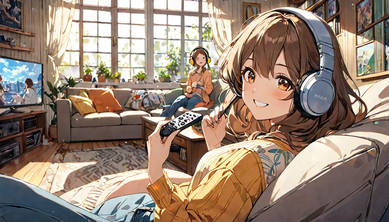 (Brown haired woman wearing headphones), (Relax in the living room listening to background music), (Very detailed, masterpiece, Highest quality, bright), (Anime Style)
background: Wide々A relaxed living room look: Happy smiling costume: Relaxed casual clothing pose: Sit comfortably on the sofa、Scene of a person holding a remote control in one hand: An afternoon surrounded by light streaming in through the window and soothing music
