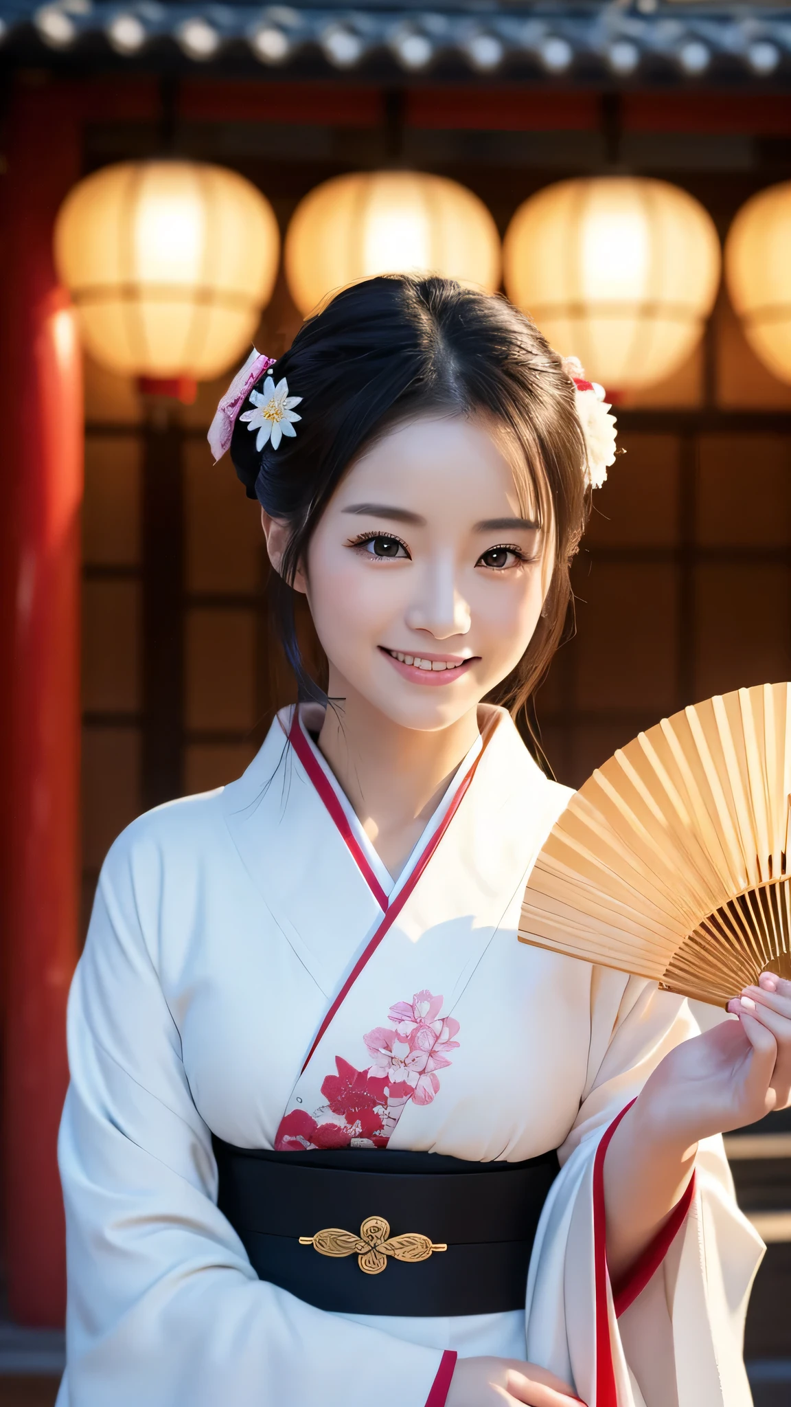 (Super beautiful woman in kimono)、((highest quality、8K masterpiece:1.3))、sharp focus:1.2、(super beautiful face:1.0)、(shiny skin:1.0)、realistic pictures、black hair、video lighting、High resolution eyes and face、video lighting、japanese actress、from the front、with a happy smile、whole body、wearing a kimono、in Kyoto、(luxury obi)、with a fan、Fireworks Display