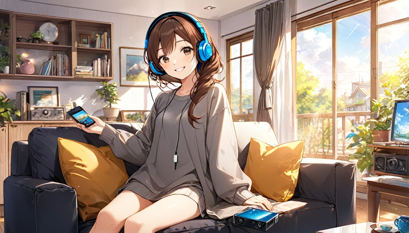 (Brown haired woman wearing headphones), (Relax in the living room listening to background music), (Very detailed, masterpiece, Highest quality, bright), (Anime Style)
background: Wide々A relaxed living room look: Happy smiling costume: Relaxed casual clothing pose: Sit comfortably on the sofa、Scene of a person holding a remote control in one hand: An afternoon surrounded by light streaming in through the window and soothing music