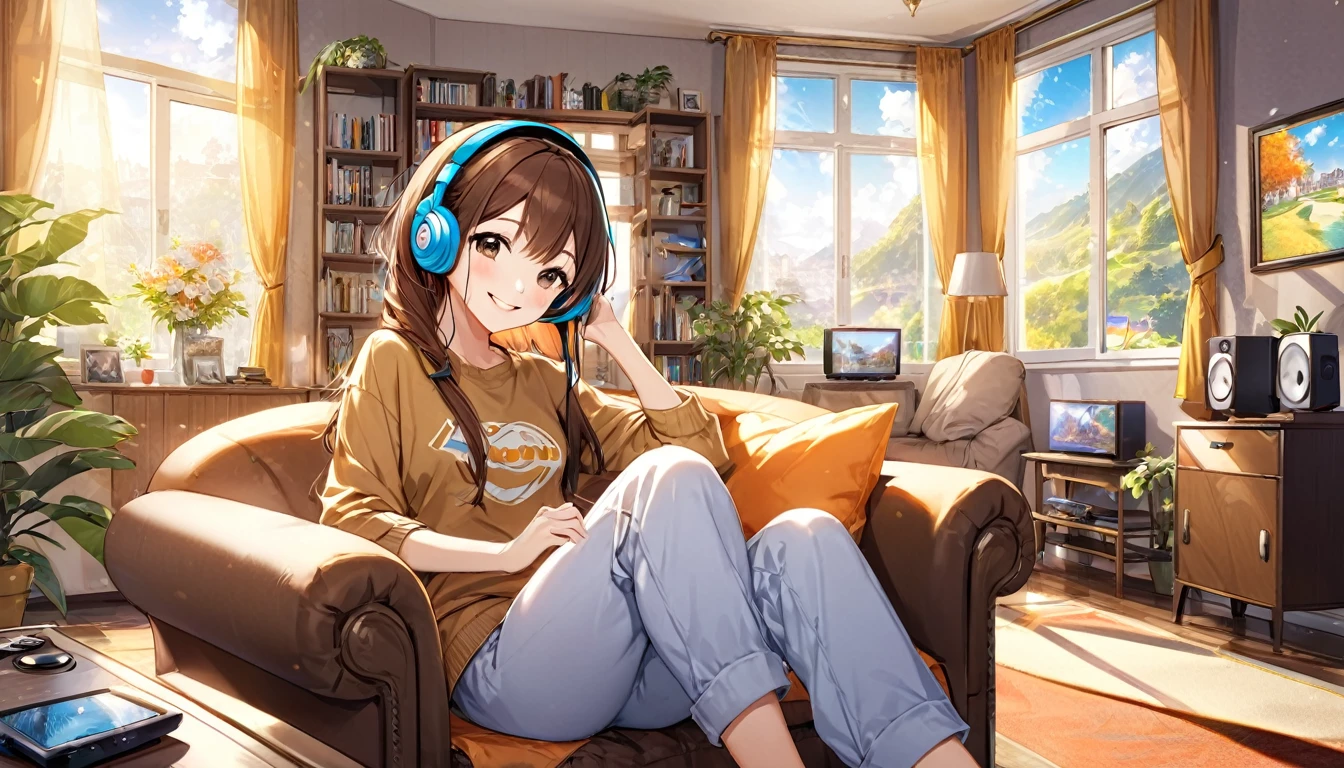 (Brown haired woman wearing headphones), (Relax in the living room listening to background music), (Very detailed, masterpiece, Highest quality, bright), (Anime Style)
background: Wide々A relaxed living room look: Happy smiling costume: Relaxed casual clothing pose: Sit comfortably on the sofa、Scene of a person holding a remote control in one hand: An afternoon surrounded by light streaming in through the window and soothing music