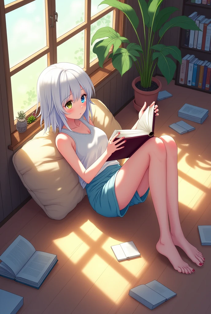anime style, young adult woman, with one blue eye and one green eye, short white hair.
The woman is lying on the floor looking up. , with the head resting on a pillow.
Her legs are raised and resting on the wall., creating a right angle with your body.
He is holding a book with both hands, which is reading in a relaxed manner.
View from its side.