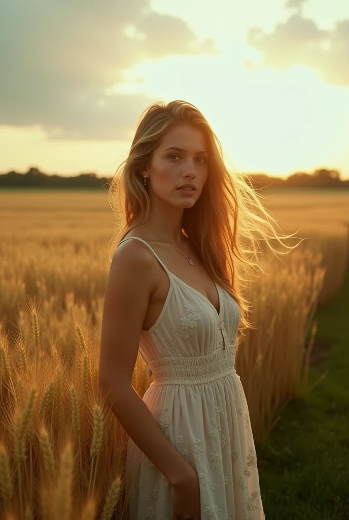 A beautiful girl standing beside a lush wheat field with overgrown paddy. The slight wind gently blows her hair and the wheat around her. It's the time just before sunset, with the sun hidden behind rainclouds. Rays of sunlight filter through the clouds, casting a soft glow on the scene. The girl's body is facing the viewers, while her head is turned, looking thoughtfully at the wheat. The scene captures a film aesthetic, with warm, muted tones and a serene, nostalgic atmosphere.