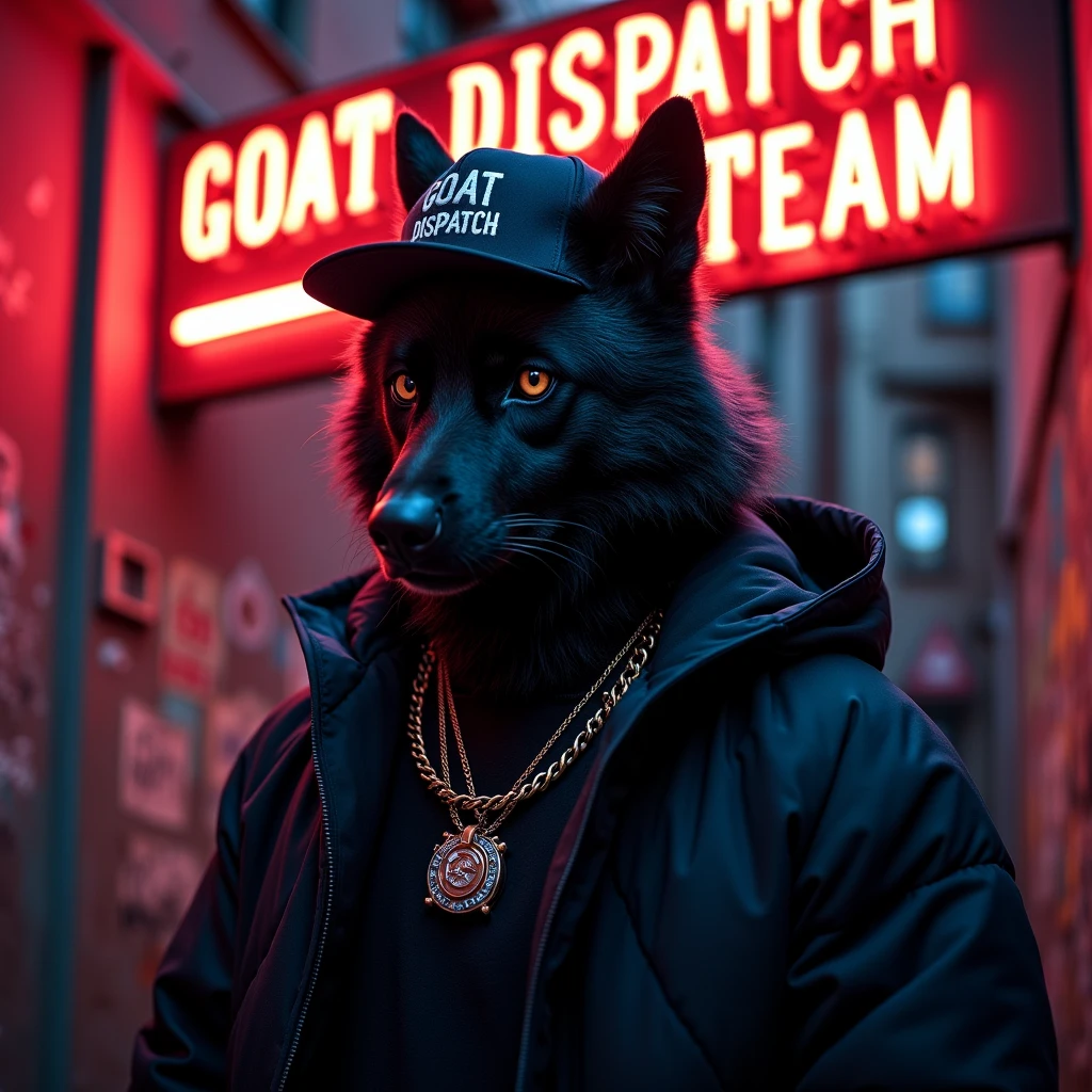 Black angry wolf with gangster clothes
under the letter "GOAT DISPATCH TEAM"