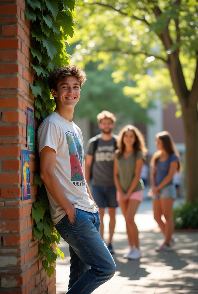 from the picture of the previous boy you can create another where he is at the university with friends, He is dressed casually.