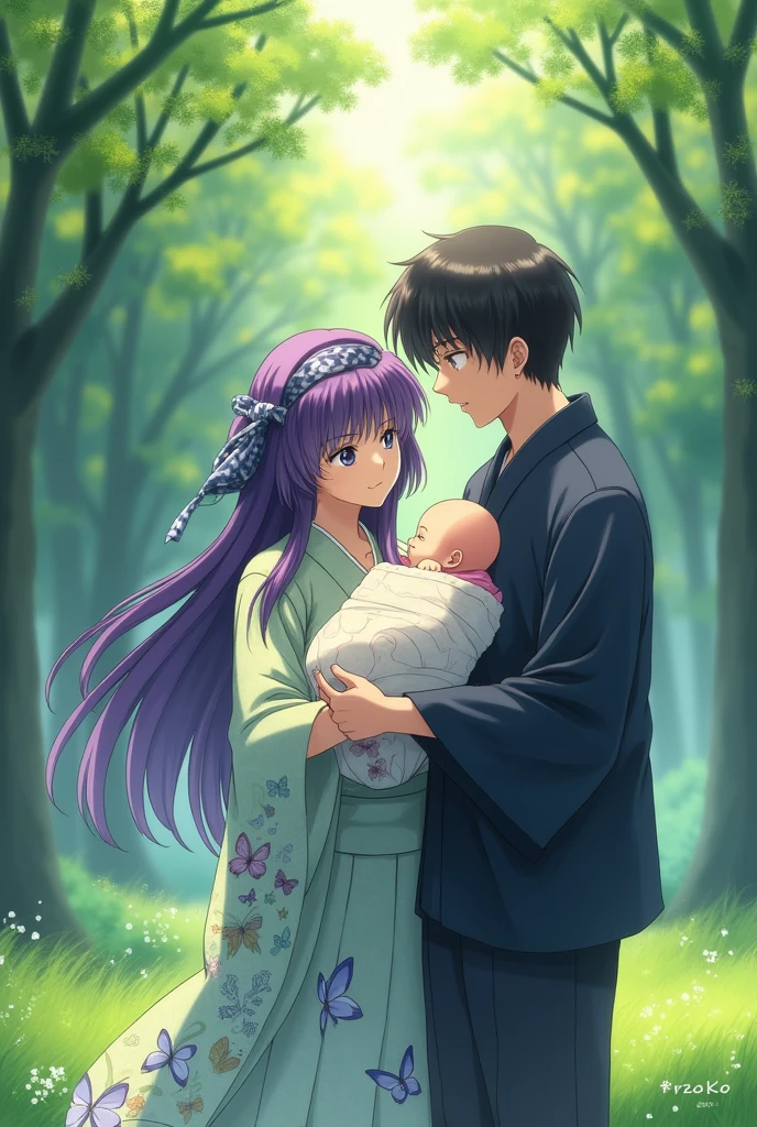 Shinobu Kocho and Giyuu Tomioka from Demon Slayer with a baby