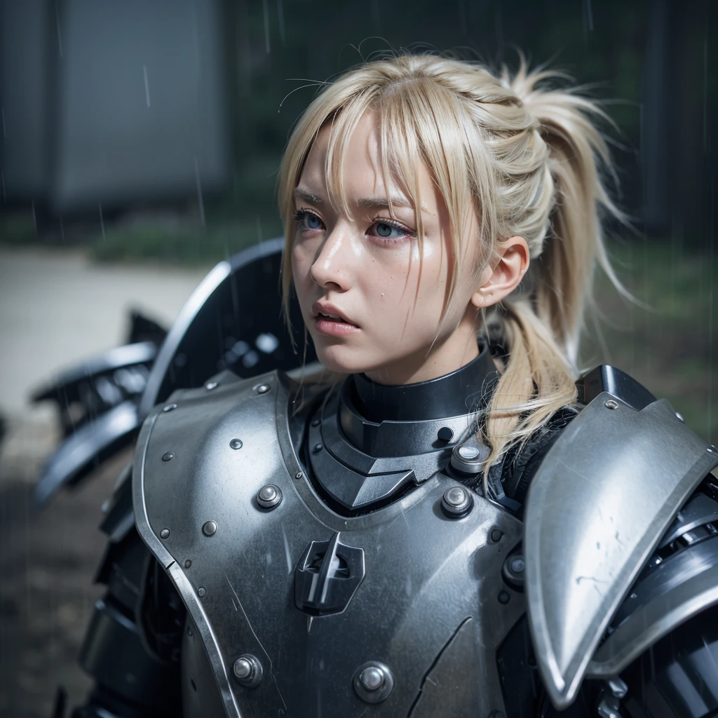 8k, high detail, photo, DSLR, short focal length, girl, blonde hair, ponytail, high detail eyes, angry, knight armour, light attenuation, rain, scar, battle damaged armour, wet.