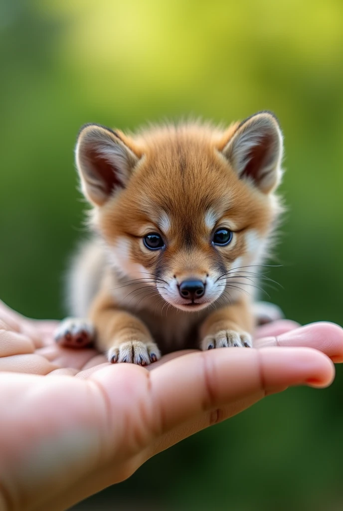 There is a small wolf cub sitting in a person's hand, a mini wolf cub, a miniature animal, sitting on a finger, cute and cute, cute and cute, cute kitty, cute wolf cub, the photo is very realistic, Very small, beautiful wolf picture, just a neat little thing, cute little nose, beautiful and cute, beautiful creature, pretty cute, very detailed photo.