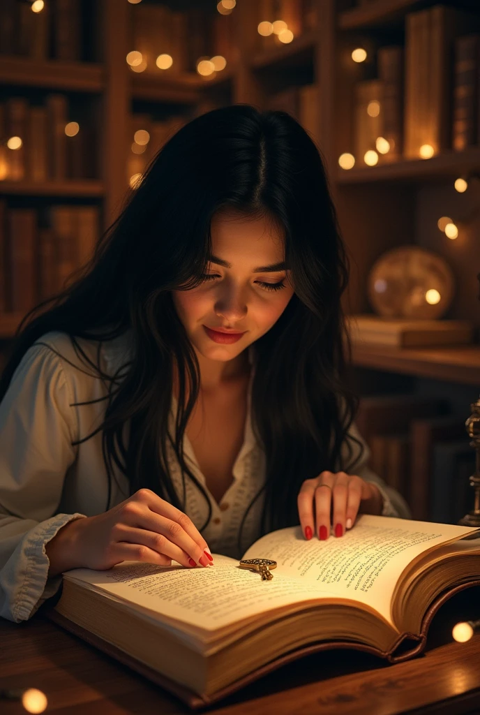 Image Prompt*: Priya opening the book to find a new letter inside, with the text detailing the use of the key.