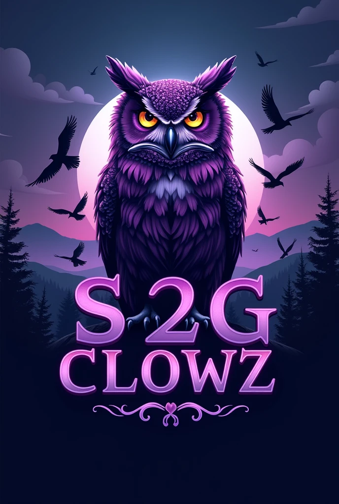 I want to create a LOGO, it should be a purple owl, male, big and real. On the top S2G and on the bottom CLOWZ should be written. In the background, owls should be flying.