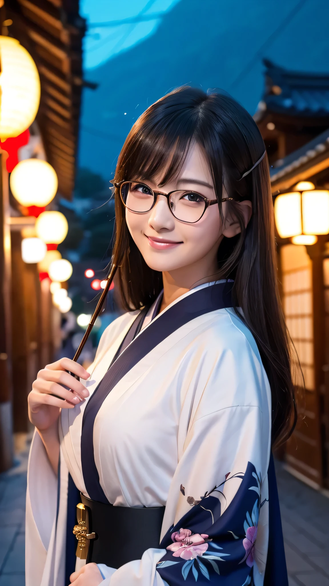 (Super beautiful woman in kimono)、((highest quality、8K masterpiece:1.3))、sharp focus:1.2、(super beautiful face:1.0)、(shiny skin:1.0)、realistic pictures、black hair、video lighting、High resolution eyes and face、video lighting、japanese actress、from the front、big breasts、with a happy smile、Slender abs beauty、whole body、wearing a kimono、in Kyoto、(((luxury obi)))、In Kyoto at night、wearing glasses with no edge、with a fan、Fireworks Display