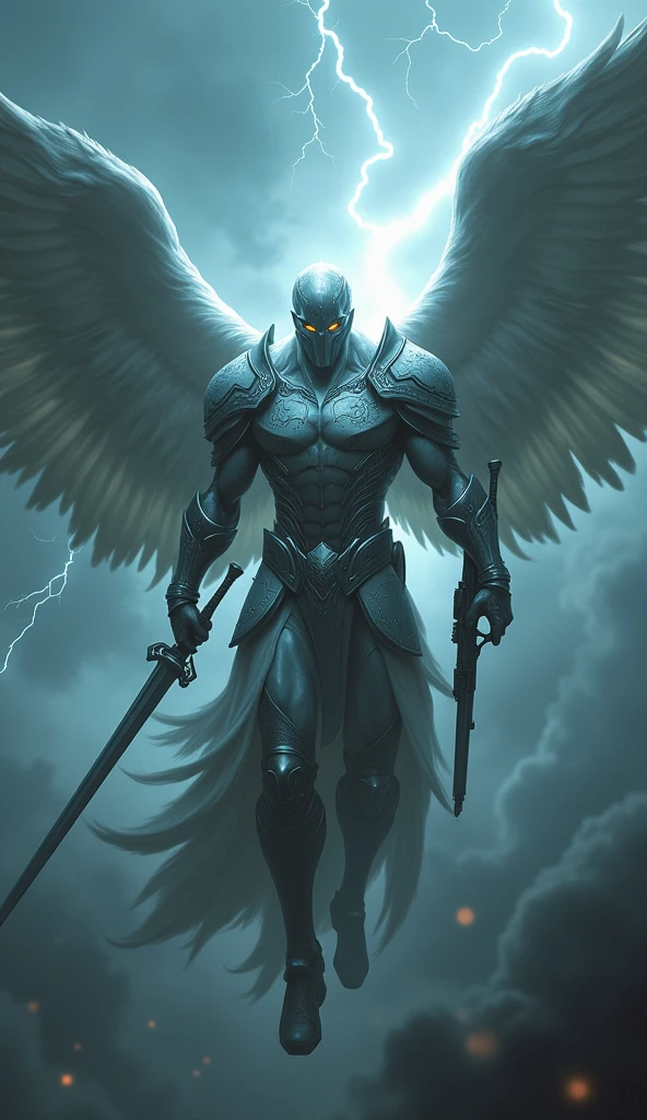 realistic, fantasy, archangel descending from heaven, in modern armor, holding a long silver sword in one hand and a rifle in the other, majestic and menacing, arousing fear among the enemy, dark,