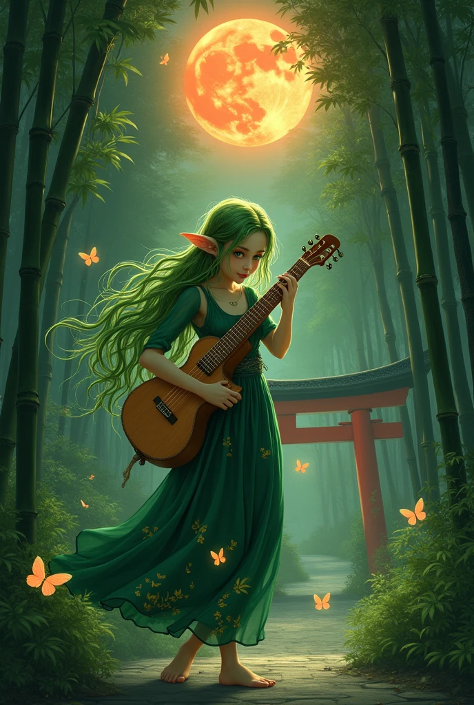 (Ultra-detailed face, looking away, Fantasy Illustration with Gothic, Ukiyo-e, Comic Art, Rich colors),
BREAK
(The bamboo fairy, in the form of an elf, plays a harp and sings as she flits about in a daring pose, gracefully swimming through the bamboo grove. Glittering fairies flit about her, leaving a rainbow-colored trail.),
BREAK
(This is a high, neatly-grown road with bamboo groves on both sides that leads to a Japanese-style shrine. The red moon at midnight illuminates the area, creating a magical atmosphere.),
BREAK
(Elves: The bamboo elf is a young elf woman with young grass-colored hair, blunt bangs, waist-length long messy hair, pale skin, and green eyes.),
BREAK
(Elves: The bamboo elf in elven form wears a tiara of silver branches and leaves, a necklace of berries and flowers, a very long draped dress of deep green organdie embroidered with a bamboo leaf pattern in yellow thread, and bare feet.)