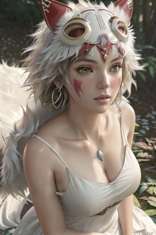 Realism, masterpiece, Best quality, small detail, 1 girl, One, glamorous close-up from above beautiful (Princess Mononoke) lying next to a wolf, surrounded by leaves, fluffy, pixie haircut, very short hair, busty, (White Wolf), serious, details, realistic, photo, blurred background, soft focus, Focus on face. (masterpiece, top quality, Best quality, official art, beautiful and aesthetically pleasing:1.2), extremely detailed,(fractal art:1.2),colorful,The most detailed, (Many colors:1.4). ((split. skin texture, Shiny skin. elegance. фотоRealism. unreal engine. 3D model. Ultra high quality textures. high detail. permission 8k))