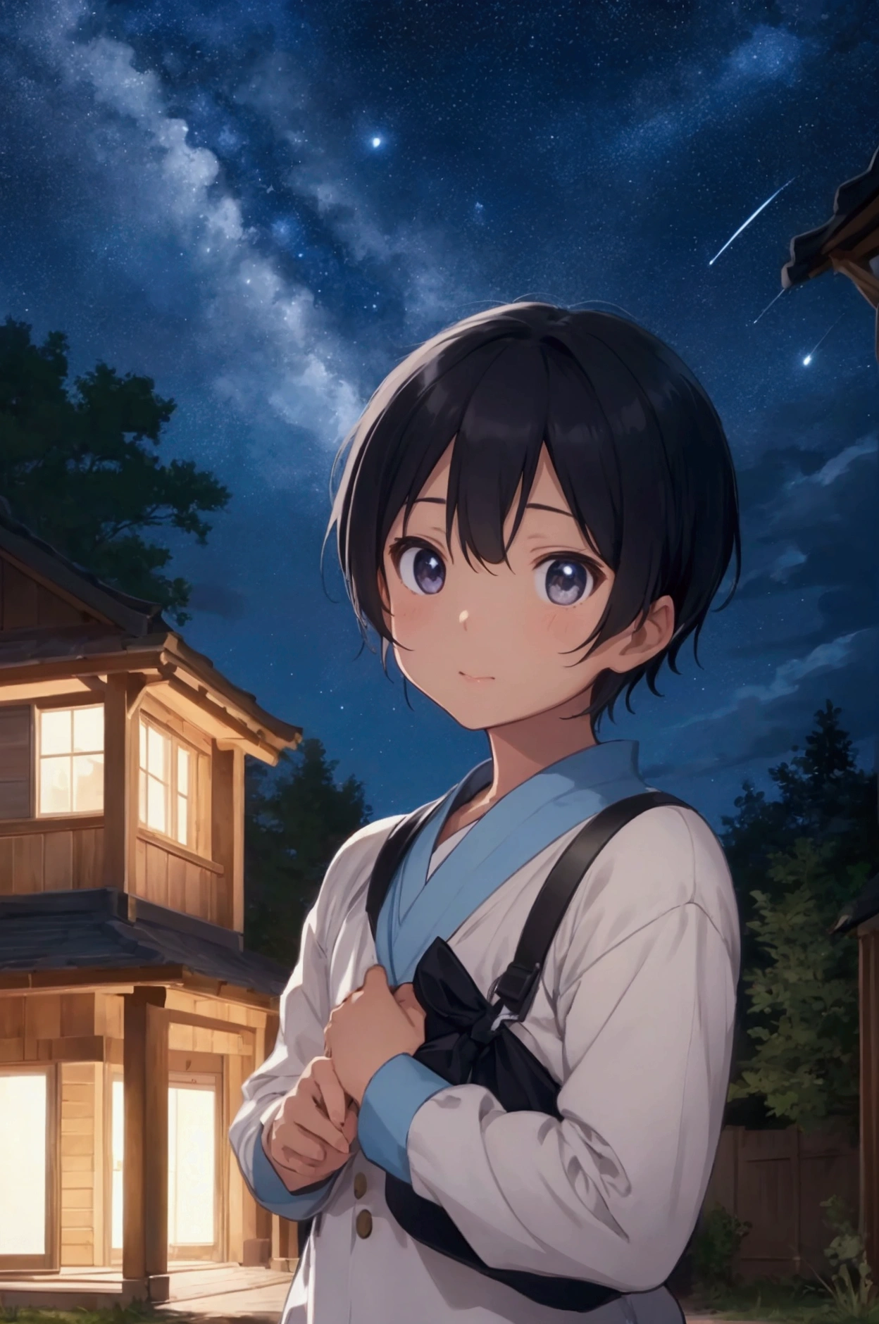 In front of a small house in the countryside、A boy looking up at the night sky is depicted.。Ryo is small and a little skinny.、He has a lonely look。In the background、A starry sky spreads out、The brightest star in particular is depicted impressively.。That star、Ryo's only friend「Star」symbolizes。