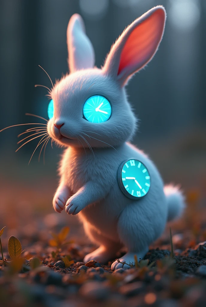 (best quality, masterpiece, ultra detailed), It has long, soft ears like a rabbit, digital displays that show the time built into its eyes, clock hands on its back that indicate the time, powerful hind legs like a rabbit, a tail that moves like a second hand, and fur that glows slightly.