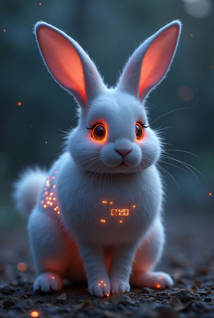 (best quality, masterpiece, ultra detailed), It has long, soft ears like a rabbit, digital displays that show the time built into its eyes, clock hands on its back that indicate the time, powerful hind legs like a rabbit, a tail that moves like a second hand, and fur that glows slightly.