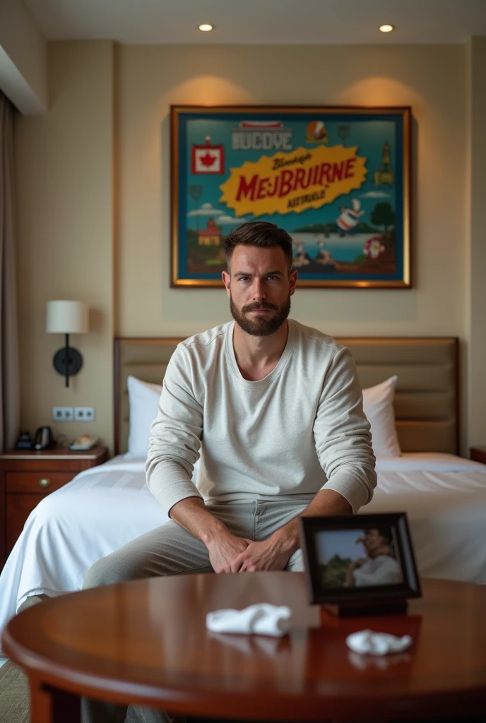 Homme caucasien grand de taille, charmant, un peu costaud, habillé en pantalon et tee-shirt manche longue, assis ou adossé sur une table dans une grande chambre d'hôtel, sur la table qu'il y ait également un papier mouchoir déjà utilisé sur la table et sur le lit de l'hôtel qu'il soit déposer un cadre photo grand ou moyen qu'il est possible de faire arrêter sur le lit et faire face à la caméra et sur le mur du chevet du lit un tableau sur lequel il est écrit en français : Bienvenue à Melbourne AUSTRALIE et autour de la phrase qu'il y ait les emblèmes du CANADA QUÉBEC ou le drapeau du CANADA QUÉBEC