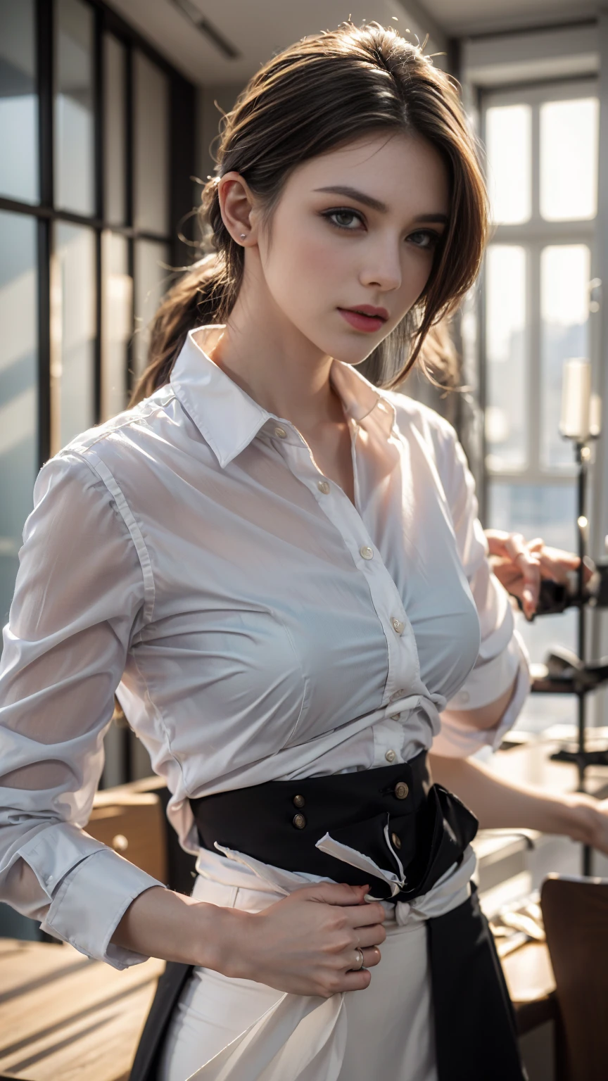 ((Full-Length Shot)),(best quality, high quality, sharp focus:1.4), european beautiful woman, slim, front view, look at the viewer, office, best quality, realistic ,masterpiece,bokeh, 4k,photographic, fine texture, incredibly lifelike, white shirt, (black skirt:1.2)