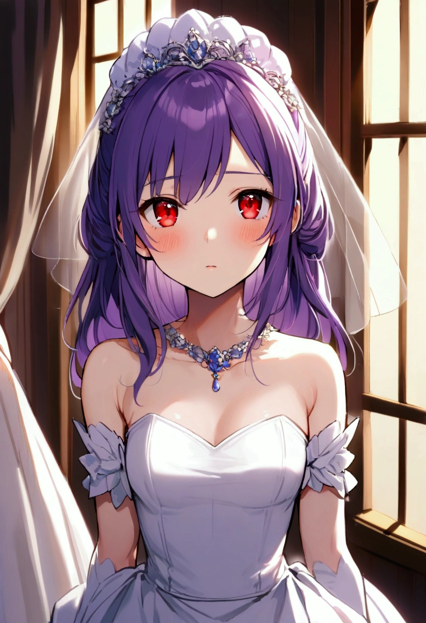 20 years old girl, purple hair, waist length hair, red eyes, innocent, wedding dress