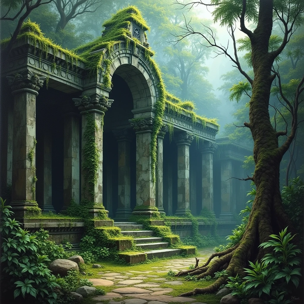 A wild, overgrown ruin of an ancient temple in a dense rainforest, oil painting. The once grand stone structures are now crumbling, covered in thick vines and moss. The jungle has reclaimed the site, with trees growing through the walls and roots winding around the pillars. Mist rises from the forest floor, adding an air of mystery and ancient secrets. The painting captures the untamed beauty and eerie atmosphere of the forgotten temple, with rich textures and detailed brushstrokes emphasizing the wild, overgrown nature of the scene. (ultra detailed, 8K, oil painting, wild ruins, mysterious atmosphere)