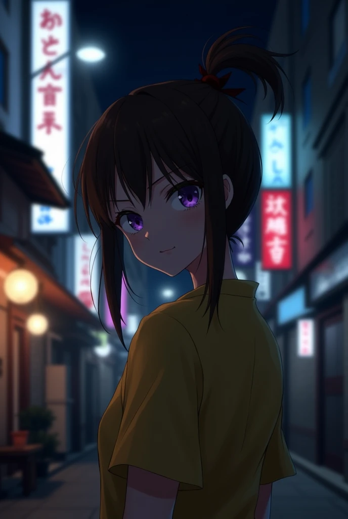 Gamer , dark background , Anime girl , brown hair colour , ponytail hair style , yellow T-shirt , purple eyes , empty eye lens , uncaring eye , japanese theme , japanese street
