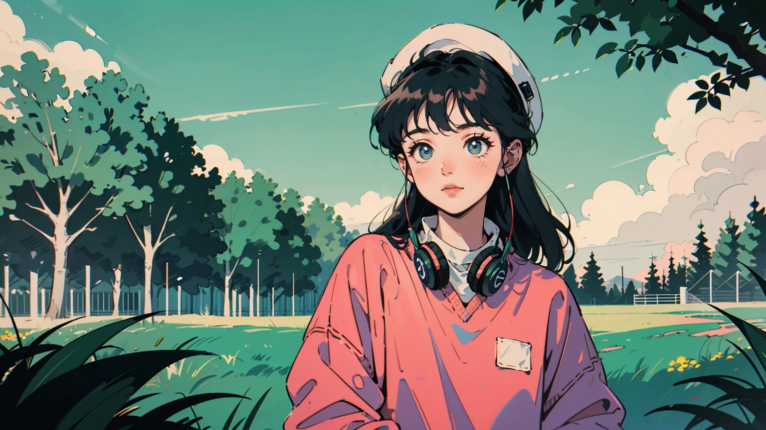 Young Asian woman in vibrant park scene. Wearing a white cap, navy blue sweatshirt with museum text in light pink. White headphones around neck. Posing casually, tilting head with slight smile. Background: lush green lawn contrasting sharply with dark blue sweatshirt. Trees with varied shades of green. People in colorful clothing relaxing on grass. Bright sunny day with clear blue sky. Yellow flowers scattered in foreground. Text overlay 'Chill Playlist' in white at top left corner. Audio waveform in white at bottom. High contrast, vivid colors throughout. Casual, relaxed mood. High-quality, sharp photograph with diverse color palette