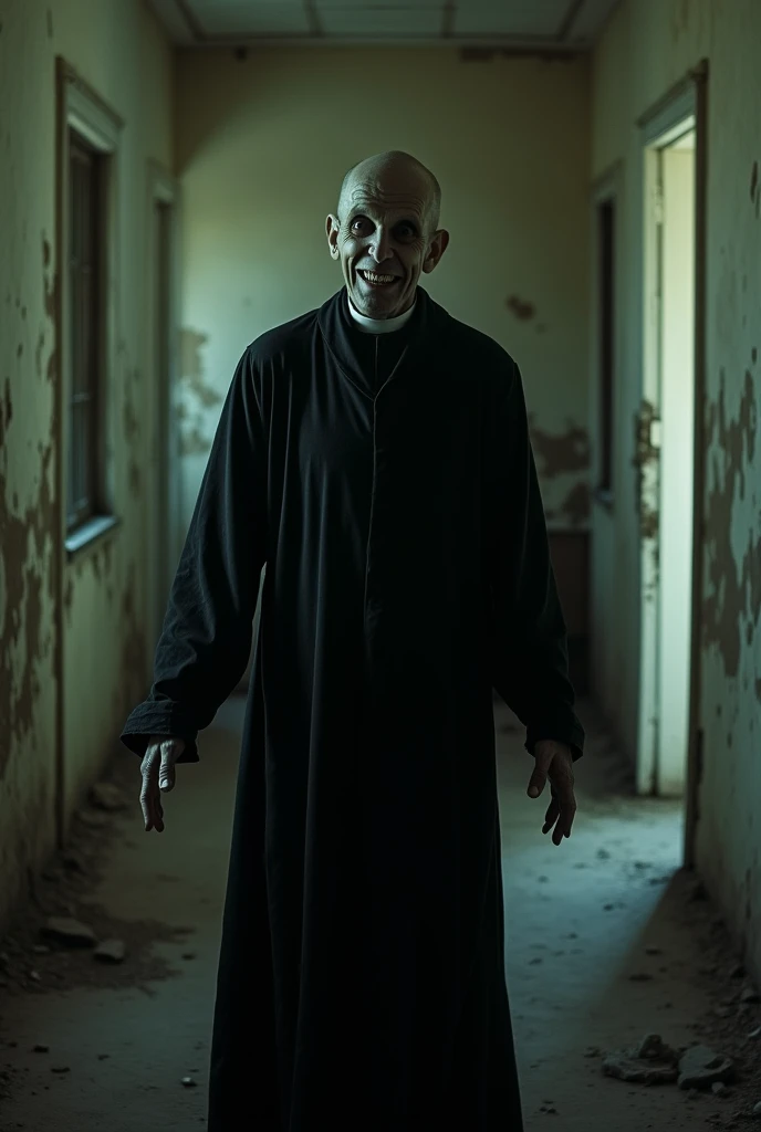 oprhanage (setting)
priest lunging towards the camera
make it in an early 90s tone
make him look creepy
make it in landscape
make him smile with bad intent
make him skinny and tall