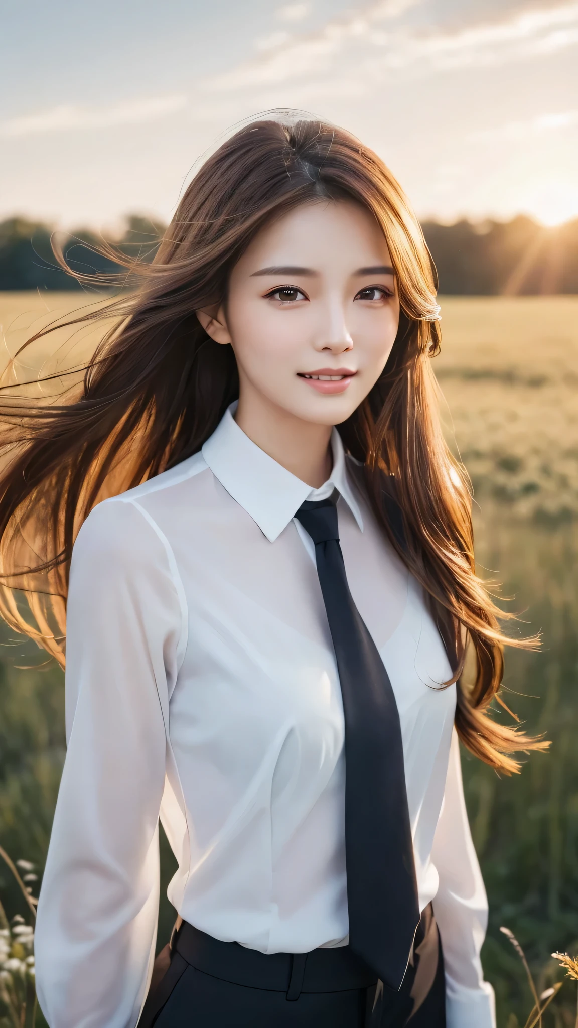 highest quality、genuine、Super detailed、finely、High resolution、8k wallpaper、one beautiful woman、、、light brown disheveled hair、wearing a business suit、sharp focus、perfect dynamic composition、beautiful and detailed eyes、thin hair、Detailed genuine skin texture、smile、model body shape、In a windswept meadow