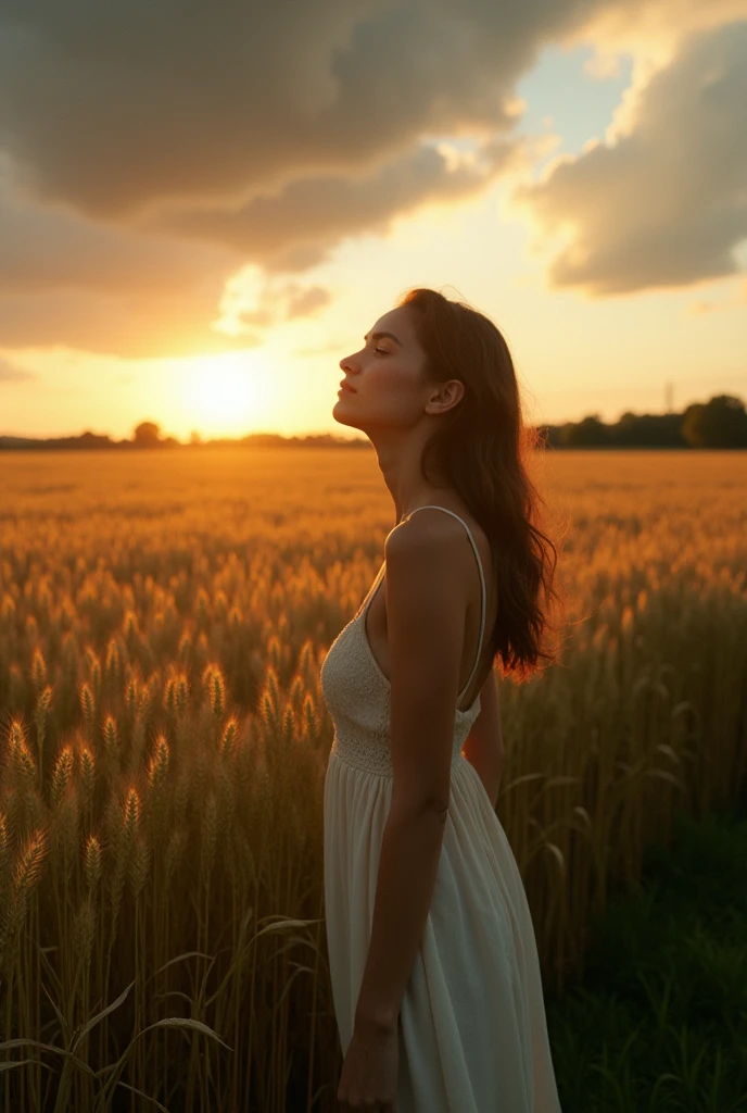 A beautiful girl standing besides wheat field, paddy overgrown, slight wind blowing hair and wheat, time before sunset, sun hidden behind rainclouds,sunlight falling from and between clouds,girl's body facing the viewers,girl's head looking at the wheat, film aesthetic,