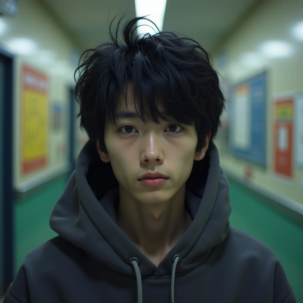 Mashed hair with black hair、Droopy eyes、Androgynous Japanese male high school student、Large hoodie、Portrait